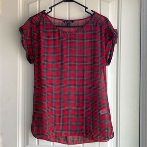 Women’s XS Express Red Plaid Silky Sheer Short Sleeve Top